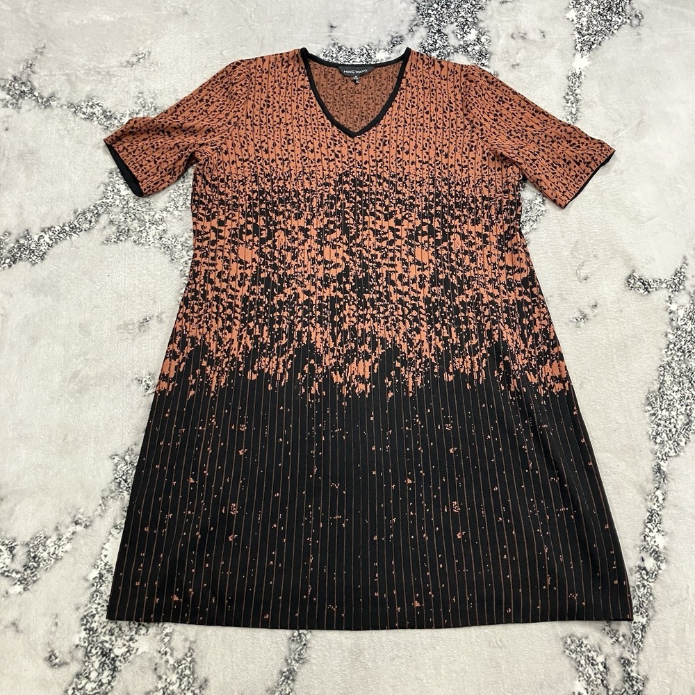 Ming Wang Abstract Print Knit Shift Dress Black Orange V Neck Women Size XL